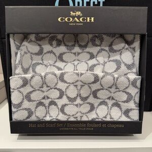 Coach Grey and Cream Hat and Scarf Set